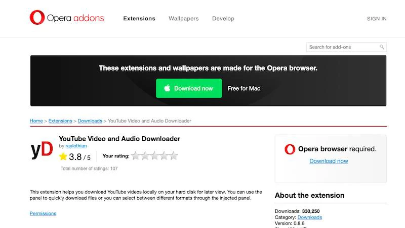 Opera 附加组件 YouTube 下载器