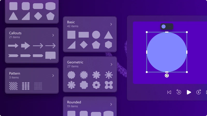 A user previewing the different categories of vector shape overlays in Clipchamp video editor.