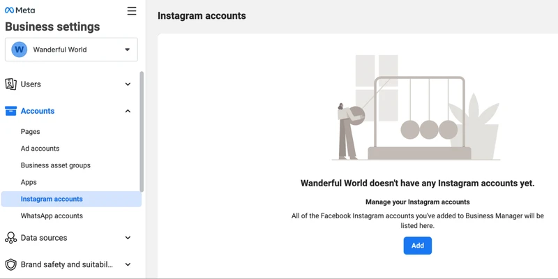 Meta Business页面中的设置，绑定Instagram和Facebook的账户