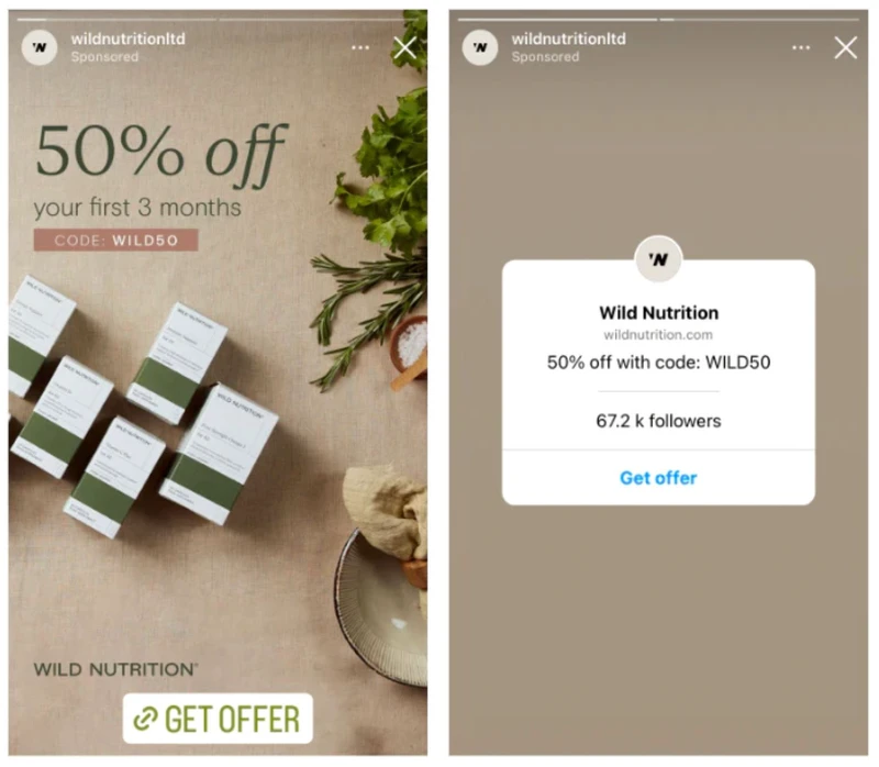 Wild Nutrition的Instagram故事广告，点击后可直接进入官网