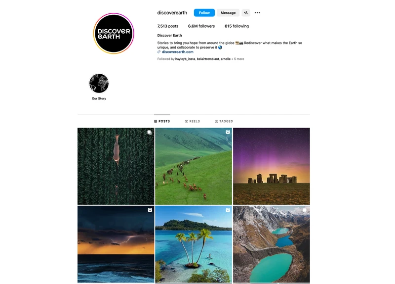 Discover Earth的简介页面发布别的账号的照片,为他们引流粉丝
