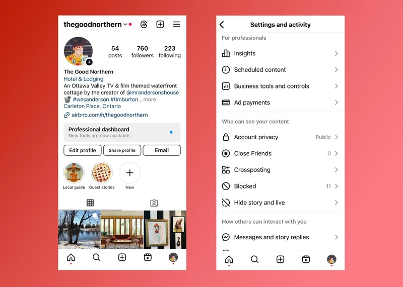Instagram个人资料界面及其设置选项的截图