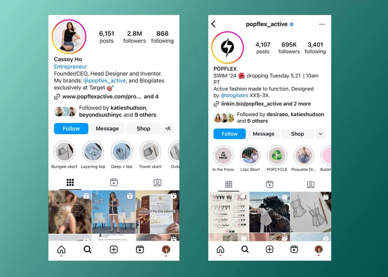 凯西·何及其品牌POPFLEX的Instagram账户个人资料界面截图，展示着账户关注者的统计数据。