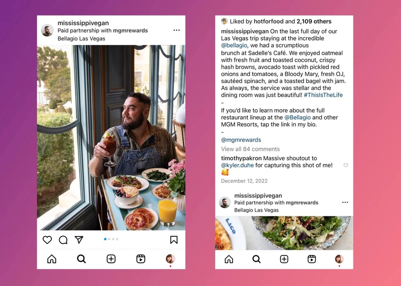 Mississippi Vegan（密西西比州素食）的Instagram帖子，展示了与拉斯维加斯Bellagio的付费合作及其品牌的早午餐。