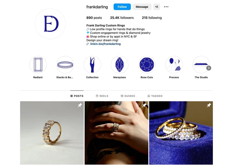 Frank Darling Instagram个人资料，展示了用户数据以及定制戒指和珠宝系列的帖子。