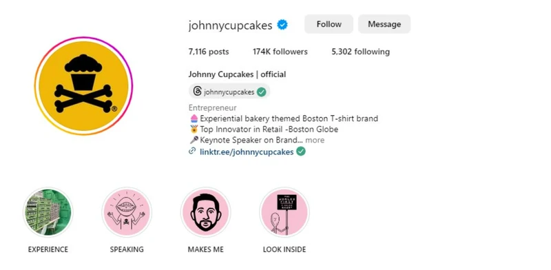 Johnny Cupcakes的Instagram简介展示了社交证明