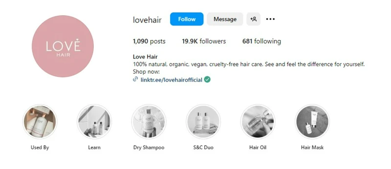 Love Hair使用其Instagram简介引导用户到其商店
