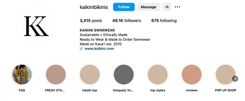 泳装品牌KaiKini Bikinis的Instagram简介，展示了其品牌价值