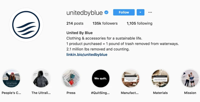 United By Blue的Instagram简介和亮点故事