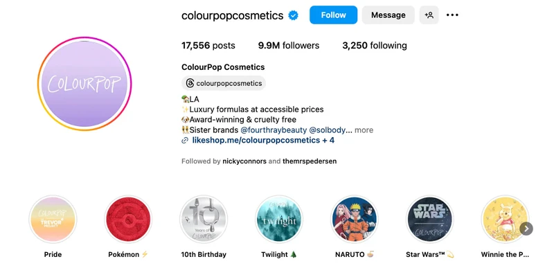 ColourPop的Instagram简介提醒用户其产品是无虐待动物的