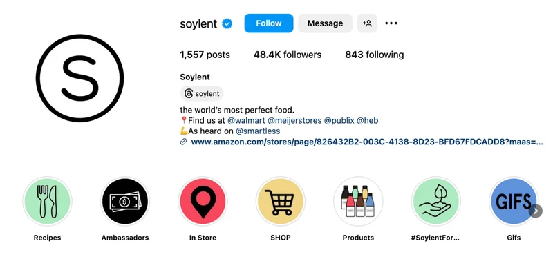 soylent在其Instagram简介中推广其实体店