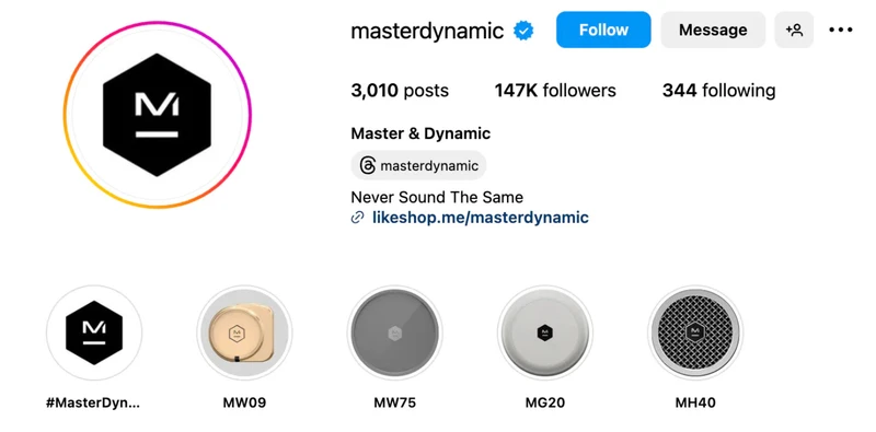 Master and Dynamic的Instagram简介简洁明了，符合品牌形象