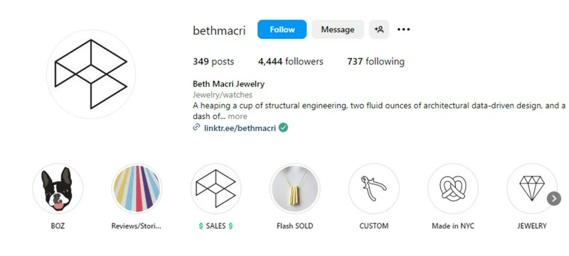 Beth Macri的Instagram简介描述了品牌的极简设计