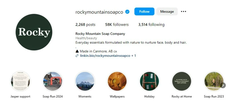 Rocky Mountain Soap Co.的Instagram简介使用了与其天然产品相符的表情符号
