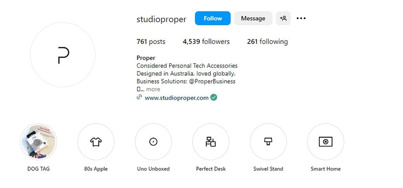 Studio Proper的Instagram简介使用了白色背景的故事缩略图