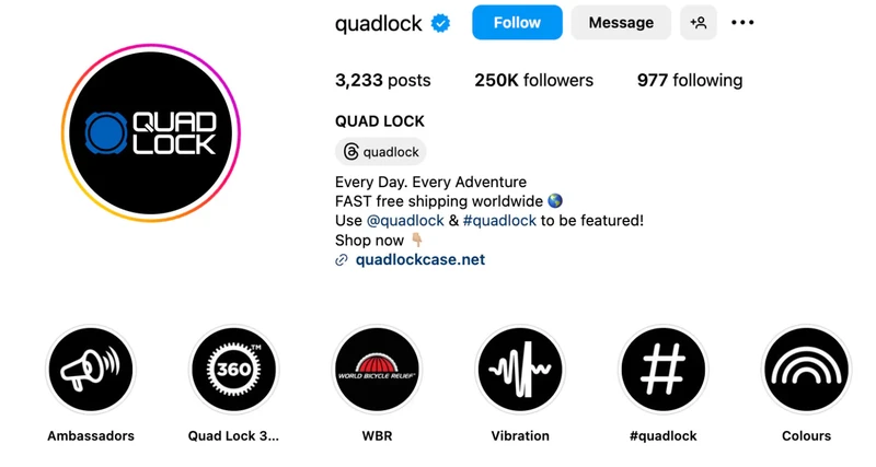 Quad Lock的Instagram简介使用了统一设计的故事缩略图