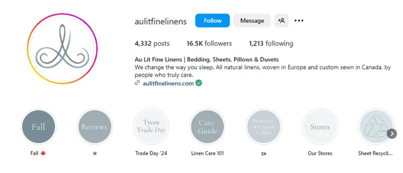 Au Lit Fine Linens的Instagram简介风格简洁且富有创意