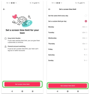 每日屏幕使用时间设置的屏幕截图 TikTok 家庭配对。