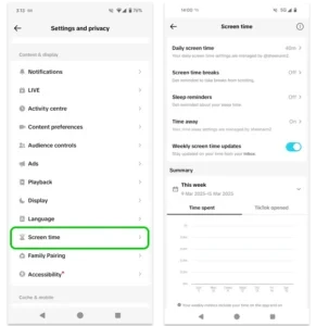 屏幕截图 TikTok 应用程序中的屏幕时间设置。