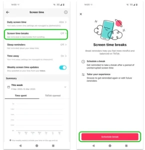 屏幕使用时间菜单的屏幕截图 TikTok 突出显示安排屏幕休息时间。