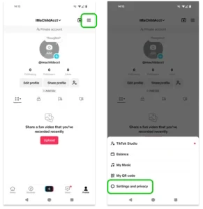 屏幕截图 TikTok 帐户资料，其中突出显示了设置和隐私。